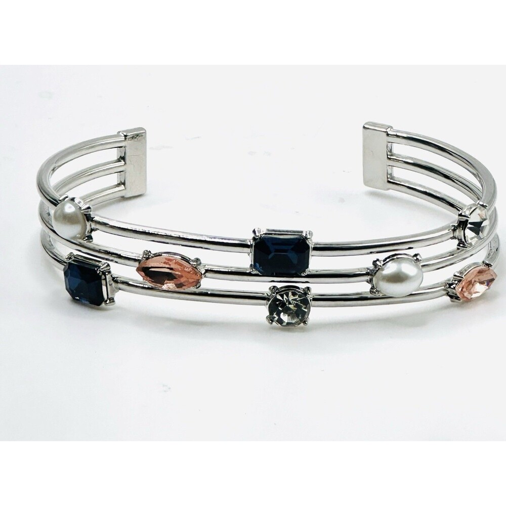Silver Tone Multi Strand Cuff Bracelet Blue Crystal Pearl Rhinestone Open Bangle